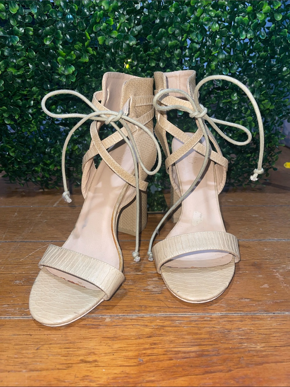 CR Beige Lace-Up Block Heel Sandals - Women's Fashion
